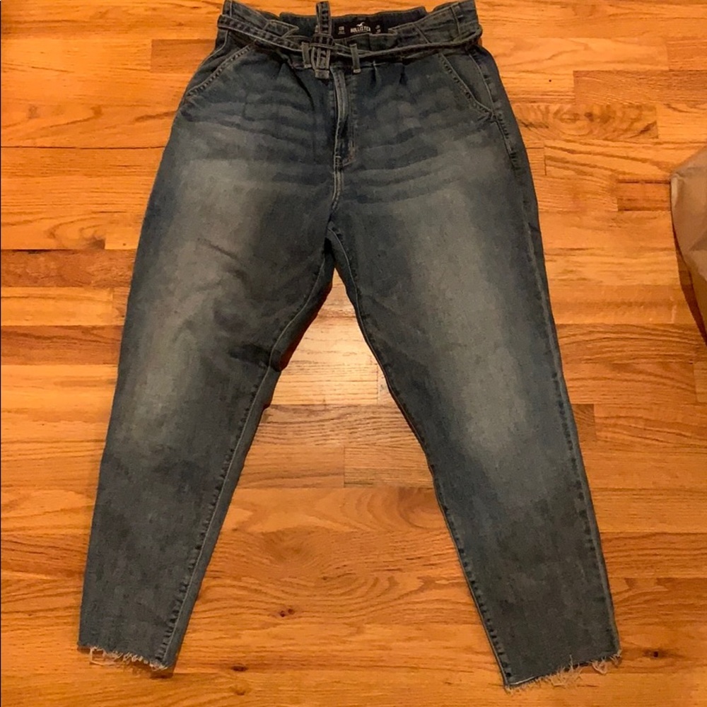 High waisted straight leg jeans with raw hem & tie